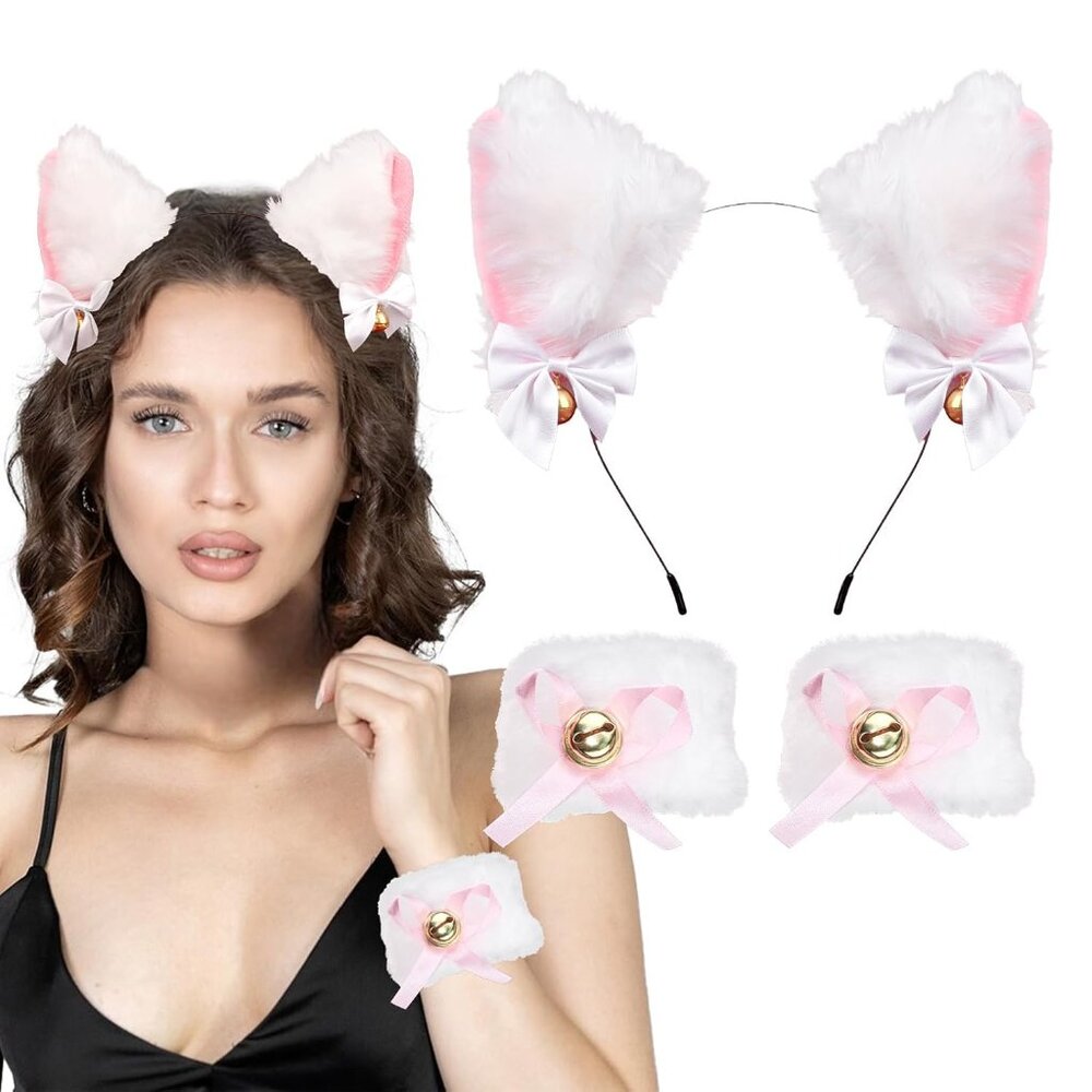 Cat Ear Headband and Wristbands for Women White and Pink Cat Ears Headbands Anim